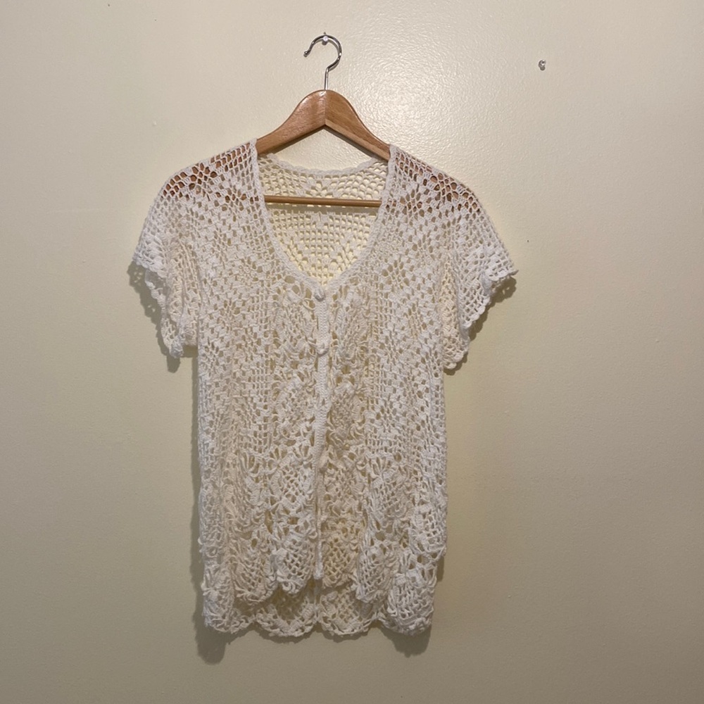 WHITE CROCHET CARDIGAN SWEATER. Size S .